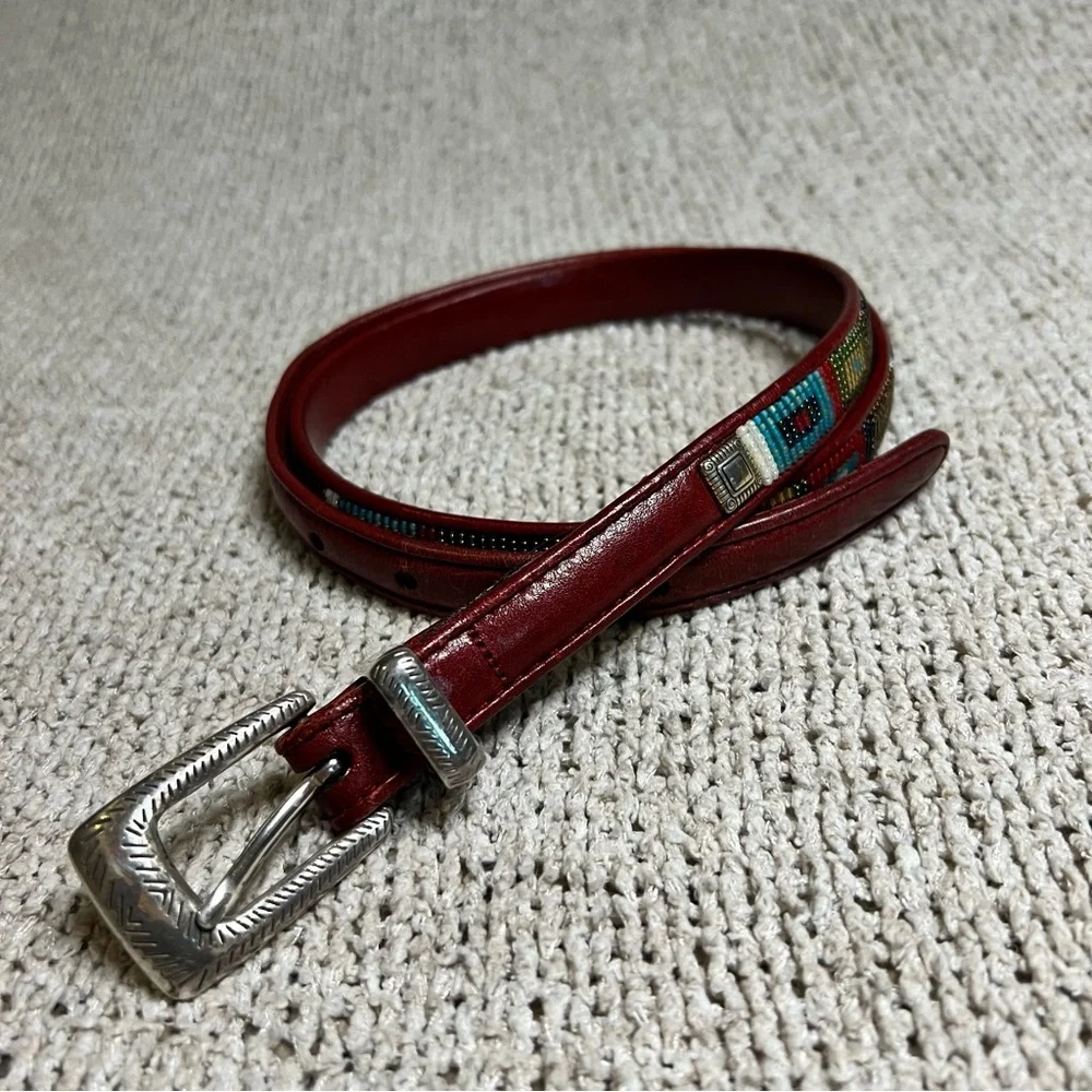 Brighton • Red Leather Belt with Handcrafted Beadwork • Sz XL 36 - Picture 4 of 5
